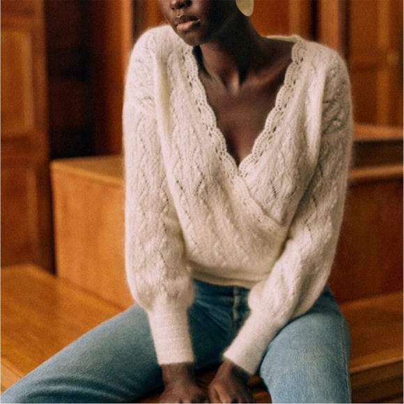 Sezane Nathalia Sweater Ecru Cream Wool Kid Mohair Blend V-neck NWT Size Medium - Picture 16 of 16